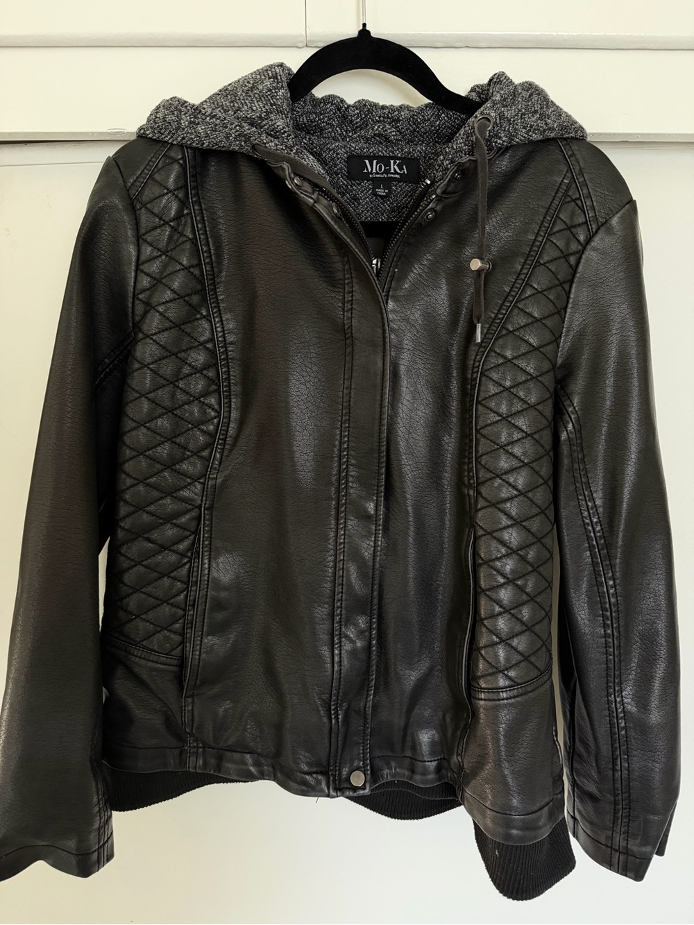 Mo-Ka Meriam Knit Hood Faux Leather Jacket Russian Dark Gray Heavy Weight